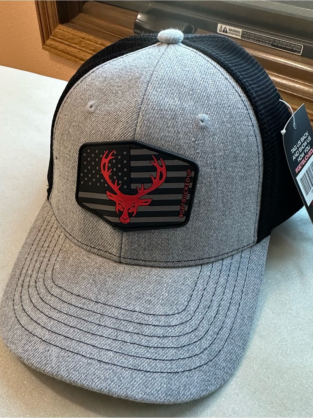 Bucked Up Trucker Hat Gray Black Mesh Adjustable Antlers Logo American Flag NWT